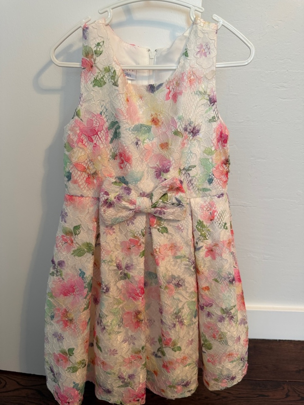 Girls Floral Lace Bow-Accent Party Dress - White with Pink & Pastel Flowers